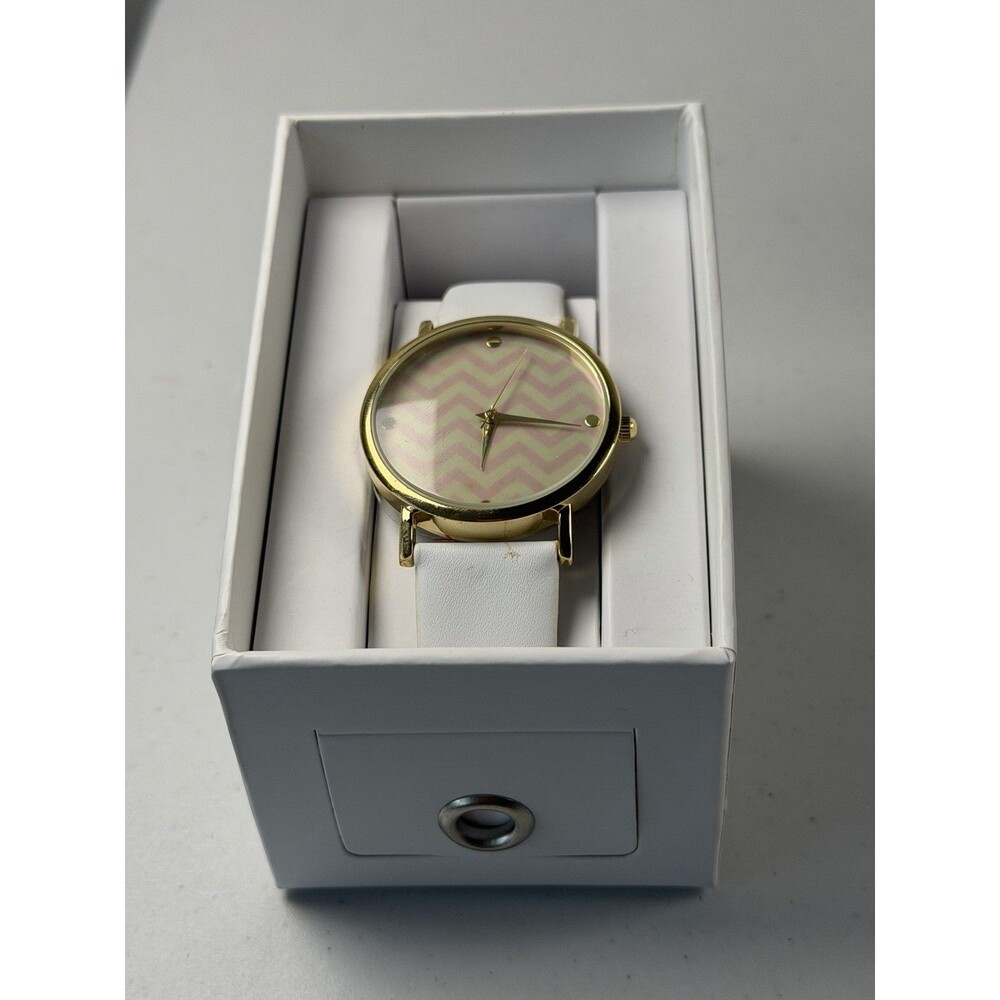 Xhilaration 38mm Gold Tone Quartz Watch White Strap Box Papers New Battery